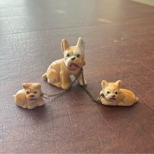 SOLD Vtg Miniature Porcelain French Bulldog Mom With Puppies on Chains Figurines